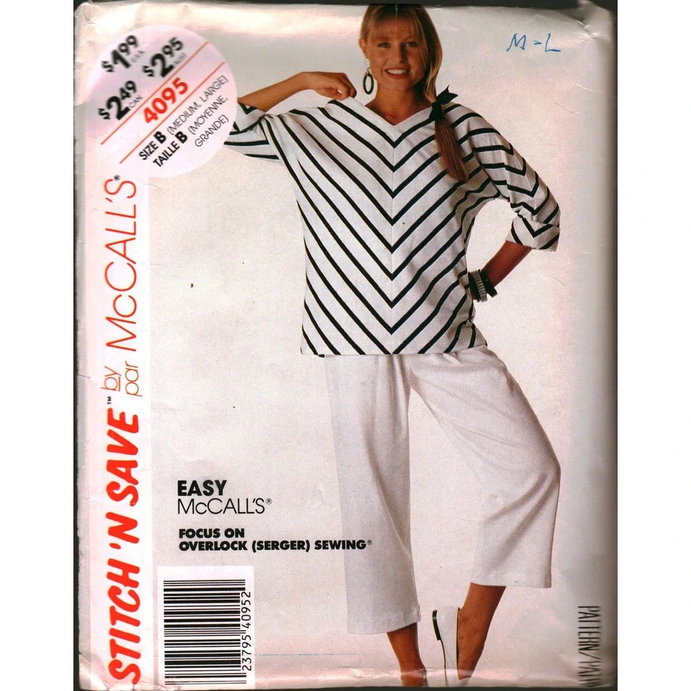 Vintage 1989 McCalls 4095 Stitch N Save Sewing Pattern Top Pants Size M L CUT